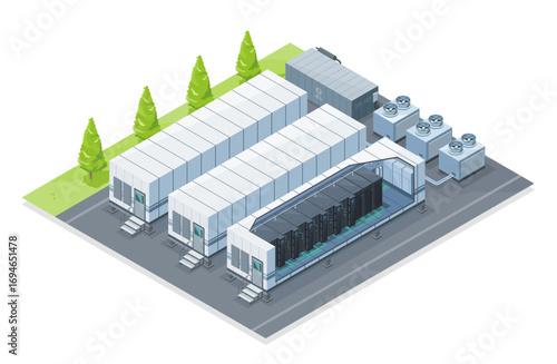 Isometric illustration of a mobile POD edge data center top view with modular server racks cooling systems and outdoor infrastructure