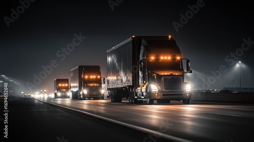 Nighttime Transport: A convoy of massive semi-trucks navigates a highway at night, their headlights cutting through the darkness. Conveying motion, transportation.