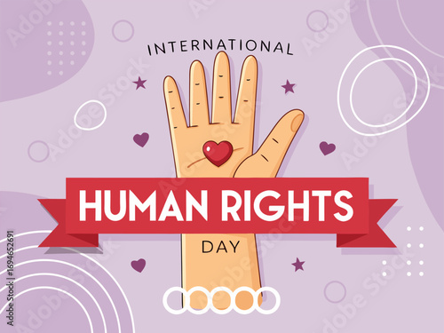 Flat Style Poster for International Human Rights Day with Peaceful Hand Gesture and Red Ribbon Graphics