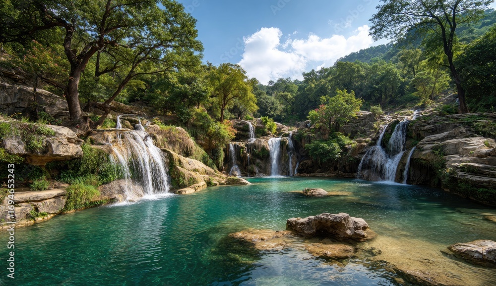 Obraz premium Lush waterfall cascading into a tranquil pool