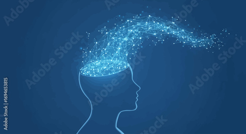 Conceptual illustration of a mind releasing a glowing network of knowledge and digital information