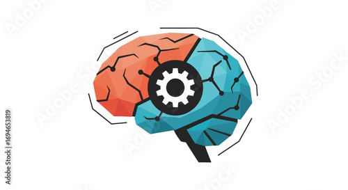 Stylized brain with a central gear, symbolizing the intricate interplay of logic and creativity in advanced cognitive processing, artificial intelligence, and innovative thought
