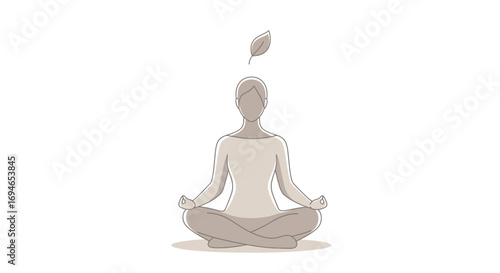 A serene vector illustration of a person in a lotus pose, embracing mindfulness as a delicate leaf gently falls, symbolizing a quiet connection to nature