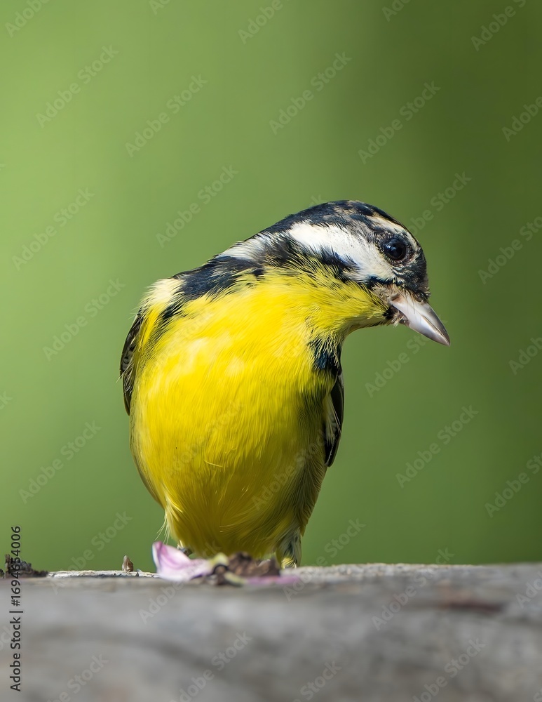 Fototapeta premium Yellow-bellied songbird perched on wooden branch against green natural background wildlife photography