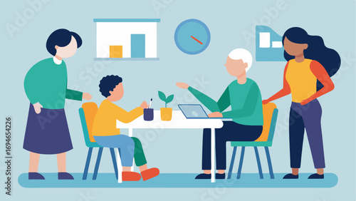 Family Meeting A family gathering at home discussing how to better support a member with a disability with charts and resources spread out on the table.