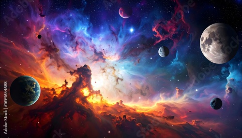 Colorful nebula and planets in space