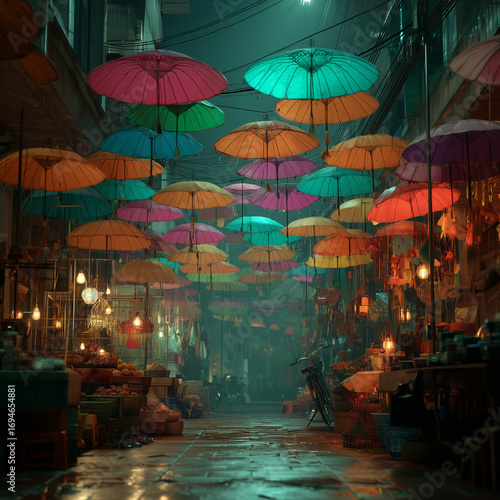 A street with many colorful umbrellas hanging from the ceiling