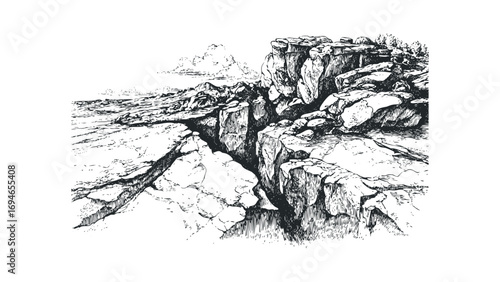 Pen and ink drawing of rugged cliff face with deep fissure and distant sea. Vector hand drawn illustration