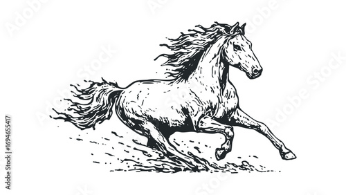 Majestic horse galloping with mane flying in an expressive line drawing,. Vector hand drawn illustration