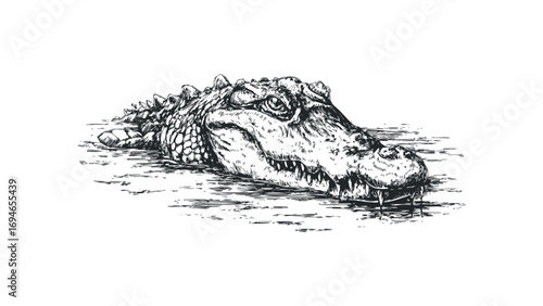 Ink sketch of an alligator head peeking from water on transparent background. Vector hand drawn illustration
