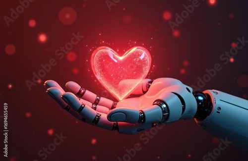 Robotic hand gently holds glowing digital heart. Artificial intelligence merges with emotion, symbolizing futuristic love and connection. AI innovation, romance, and digital affection represented.