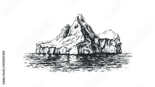 Imposing iceberg with jagged peaks and textured surface floating in choppy water. Vector hand drawn illustration