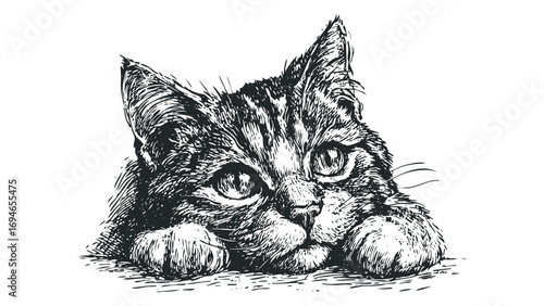 Pencil sketch drawing of a tabby cat's face on transparent background. Vector hand drawn illustration