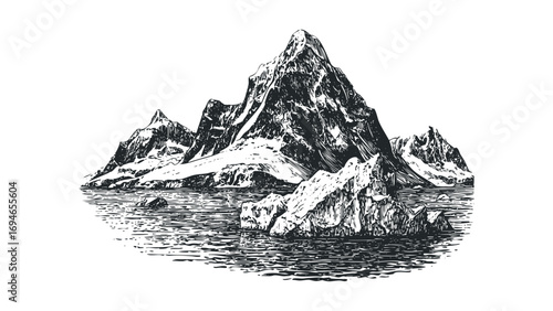 Snowy mountain range with iceberg in water on transparent background. Vector hand drawn illustration