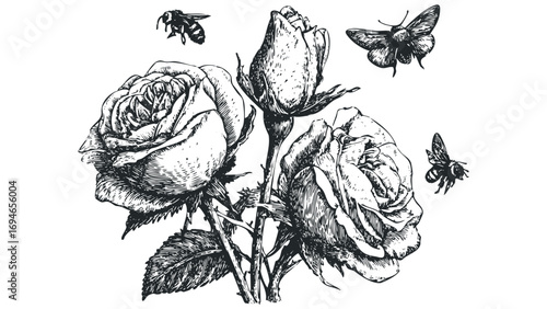 Wallpaper Mural Vintage drawing of blooming roses and flying insects on a transparent background. Vector hand drawn illustration Torontodigital.ca