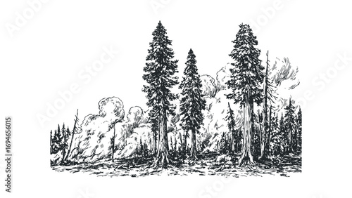 Hand drawn pine forest with smoke plumes on transparent background. Vector hand drawn illustration