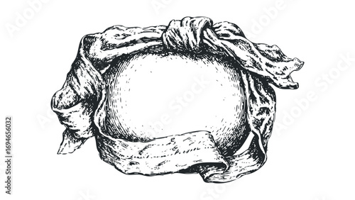 Engraved Emblem with Draped Fabric and Sphere. Vector hand drawn illustration