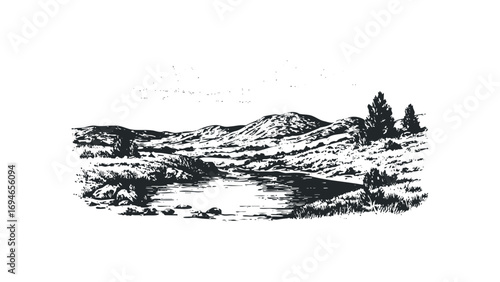Line art landscape with river and hills on transparent background. Vector hand drawn illustration