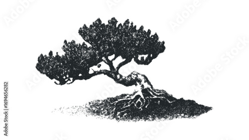 Ink Wash Style Bonsai Tree with Textured Foliage. Vector hand drawn illustration