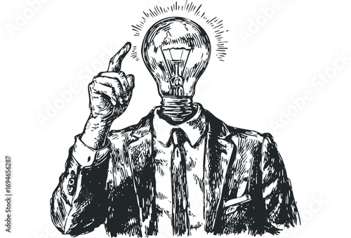 Person with lightbulb head pointing upwards for an idea on transparent background. Vector hand drawn illustration