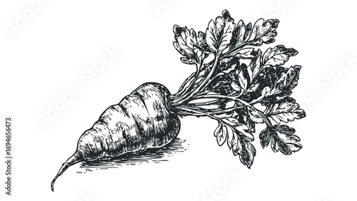 Hand Drawn Vegetable Root with Leaves. Vector hand drawn illustration