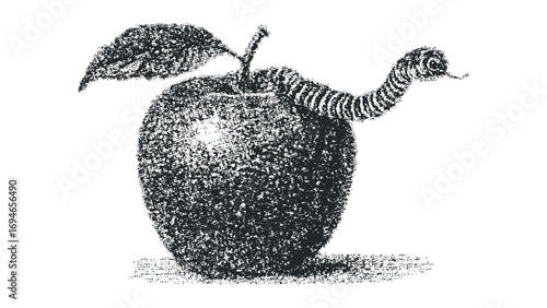 Textured Apple with Emerging Snake and Leaf. Vector hand drawn illustration