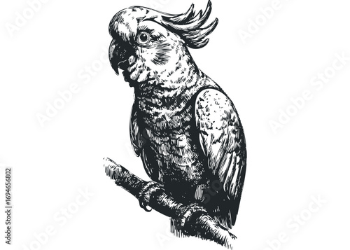 Detailed Sketch of Cockatoo Bird Perched on Branch. Vector hand drawn illustration