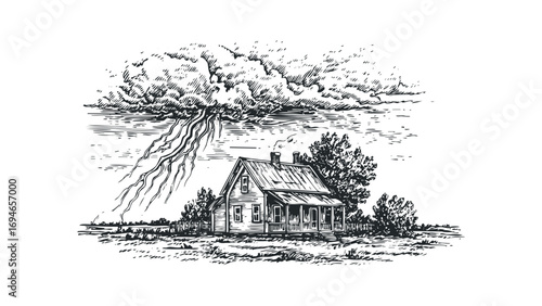 Vintage engraving of a house amidst a severe thunderstorm with lightning striking. Vector hand drawn illustration