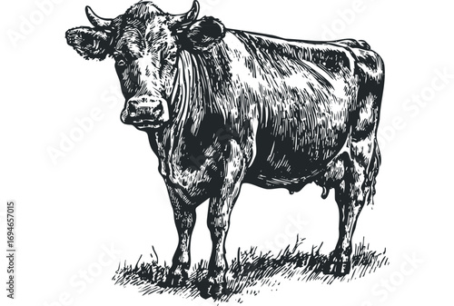 Pensive cow standing on grassy ground. Vector hand drawn illustration