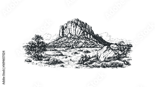 Monolithic Rock Formation With Sparse Vegetation. Vector hand drawn illustration