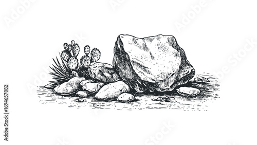 Sketch of desert rocks and cactus plants with textured lines. Vector hand drawn illustration