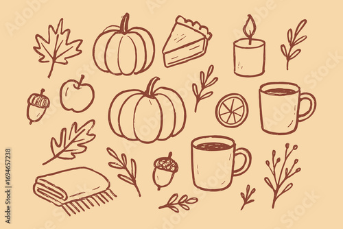 Autumn doodle elements pumpkins leaves pie candle cup sketch vector illustration