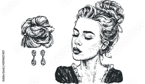 Sketch of woman with elegant updo hairstyle and dangling earrings. Vector hand drawn illustration