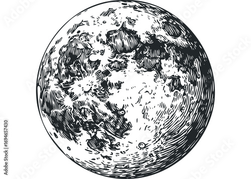 Detailed engraving of the moon with visible craters and texture. Vector hand drawn illustration