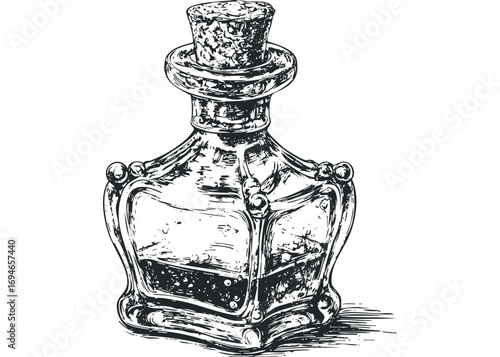 Ornate glass bottle with cork stopper sketch on white. Vector hand drawn illustration