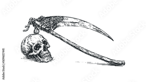 Scythe and Skull Drawing with Detailed Intricate Handle on Transparent Background. Vector hand drawn illustration