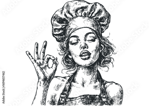 Chef woman with closed eyes gestures okay sign on transparent background. Vector hand drawn illustration