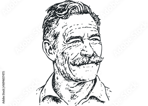 Mature man with mustache, sketch on transparent background. Vector hand drawn illustration