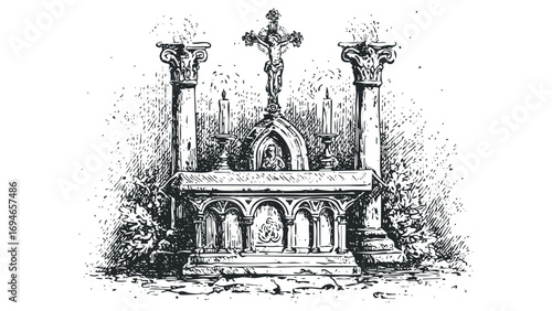 Religious altar with crucifix and columns on transparent background. Vector hand drawn illustration