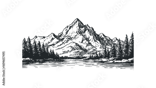 Mountain peak landscape with coniferous trees and lake sketch on transparent background. Vector hand drawn illustration