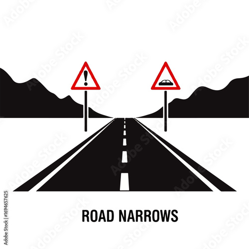 Black and white vector illustration of a road narrowing ahead with triangular warning signs indicating potential danger or caution for drivers