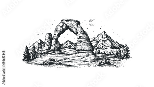 Monolith formation with mountains and crescent moon in a sketch style. Vector hand drawn illustration