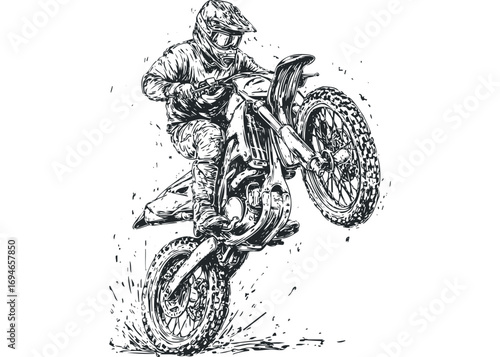 Motocross rider performing a wheelie on a motorcycle, graphic. Vector hand drawn illustration
