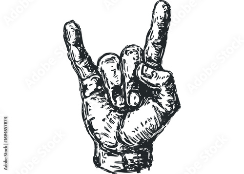 Hand making rock n roll gesture, hand drawn sketch on transparent background. Vector hand drawn illustration