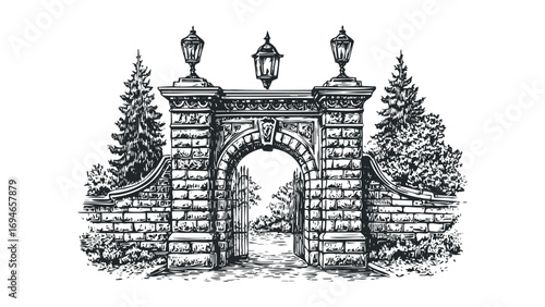 Ornate stone gate with lanterns and trees. Vector hand drawn illustration