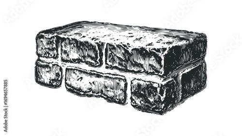 Engraved brick object on white transparent background. Vector hand drawn illustration