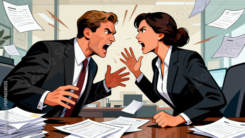 Business figures are engaged in intense debates, discussing topics, hand-drawn vector illustrations