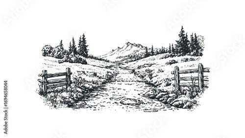 Hand drawn mountain landscape with stream and fence. Vector hand drawn illustration