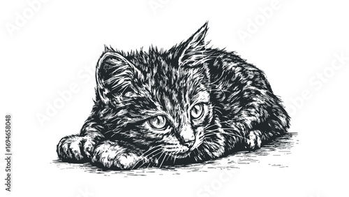 Sketch of a sleepy kitten resting on its paws with expressive eyes. Vector hand drawn illustration