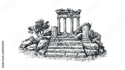 Ancient stone ruins with columns and steps on a transparent background. Vector hand drawn illustration